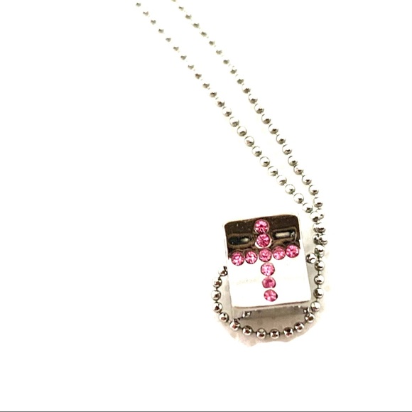 Silver Tone Ball Chain Pink Cross Slider Cube Pendant Necklace Very Sweet - Picture 5 of 7